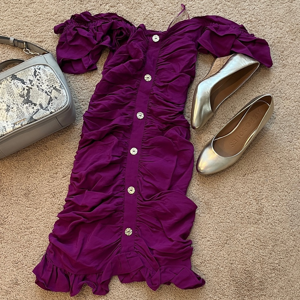 Zara Purple Ruched Off-Shoulder Mini Dress